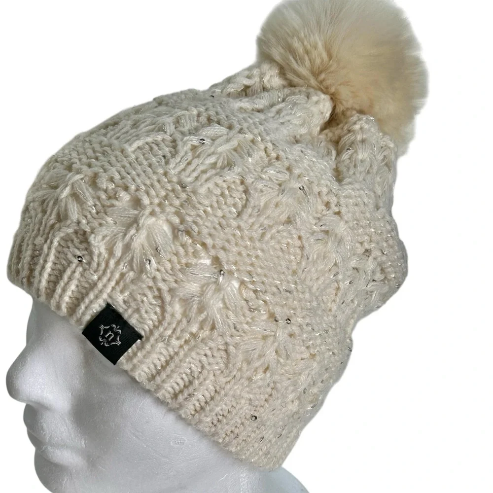 Nanette Lepore Metallic Knit Sequin Pom Pom Beanie Women’s One Size New!